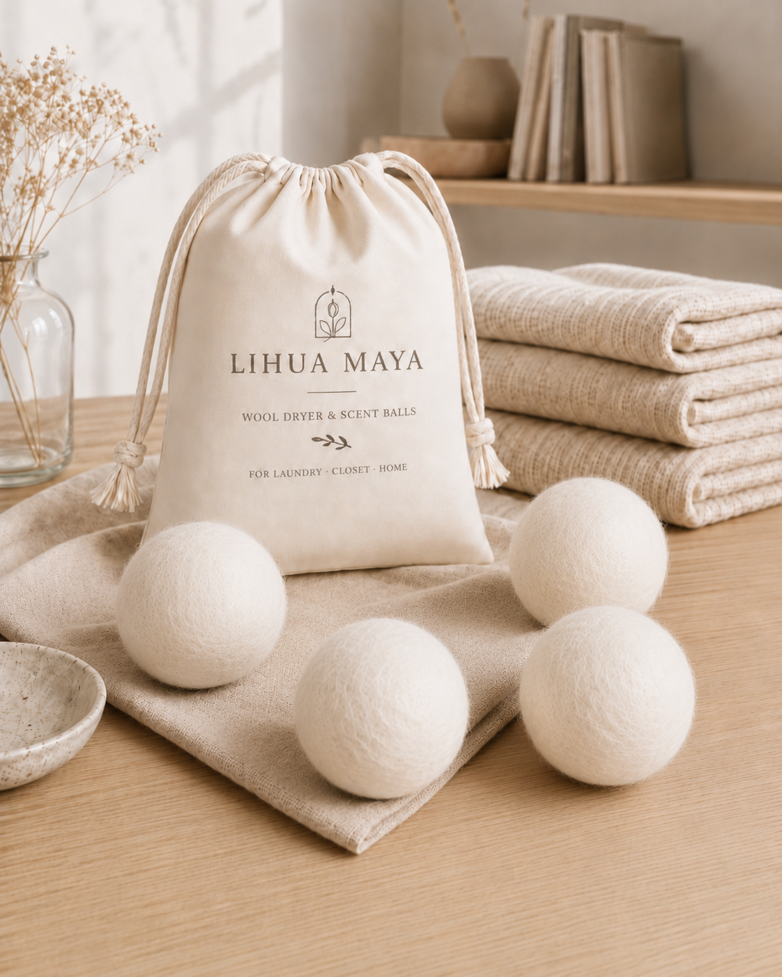 🌿新品上架 【LIHUA MAYA】歐盟銷售款🐑純白天然100%紐西蘭羊毛烘衣球附收納棉布袋 7CM|6入組