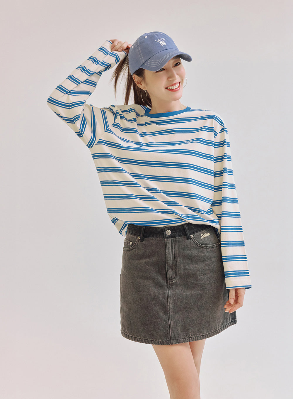 🆕新品上架【梨花娘】💖韓國品牌SATUR【申藝恩推薦】撞色對比視覺顯瘦 A 字顯瘦牛仔短裙(3色)