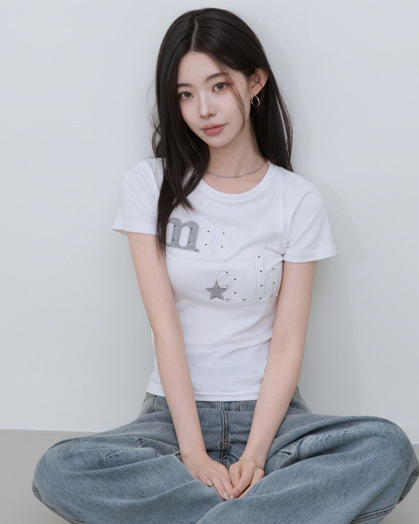 🆕新品上架【梨花娘】💜 韓國 MUAH MUAH|星鑽 Logo 莫代爾親膚修身T恤(2色)