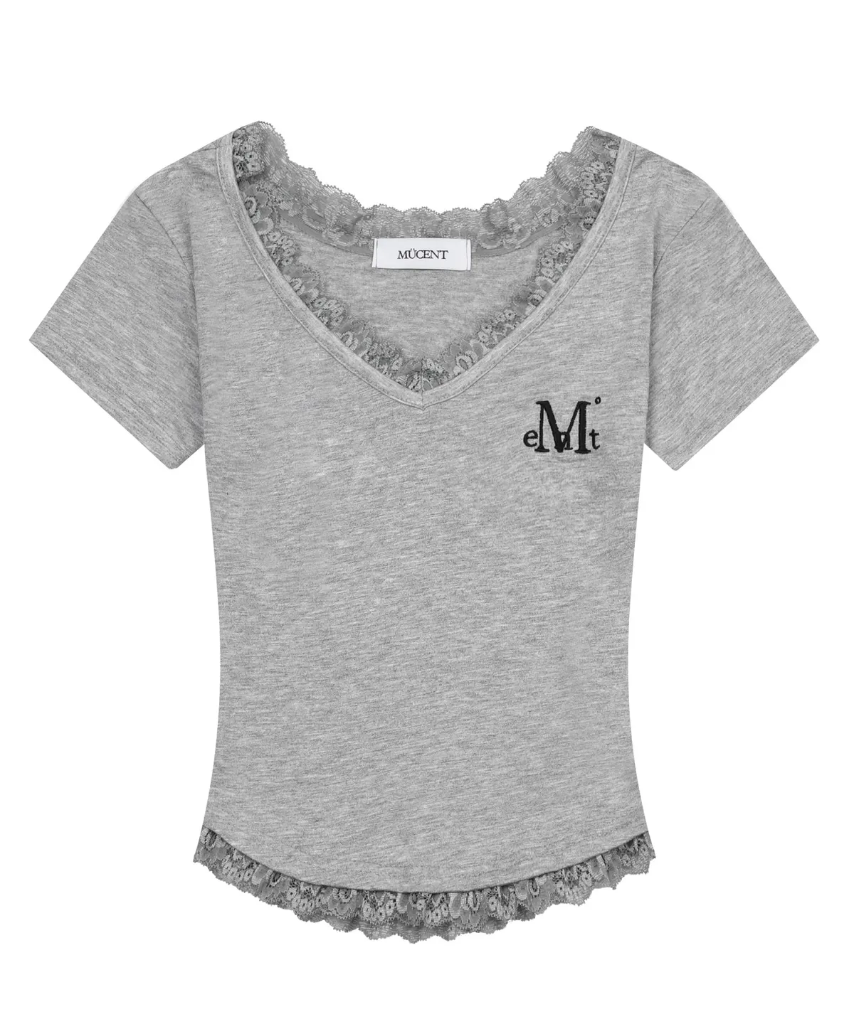 🆕新品上架 💖韓國暢銷品牌MÜCENT V領蕾絲刺繡LOGO修身圓弧下擺短版 T-shirt(3色)