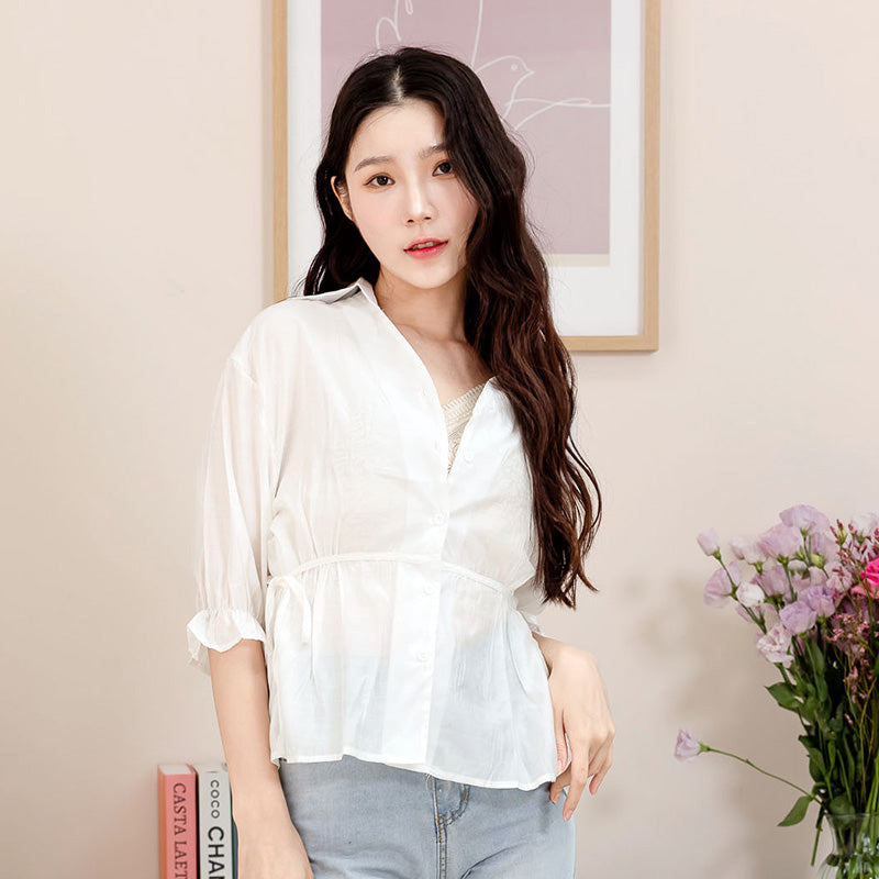 💖新品上架【梨花瑪雅】實拍選品ins夏季薄時尚v領款透膚綁帶襯衫