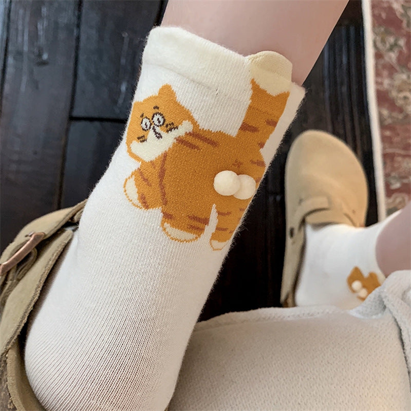 🆕新品上架💖【梨花瑪雅】 😽純棉蛋蛋貓中筒襪可愛ins三雙一組