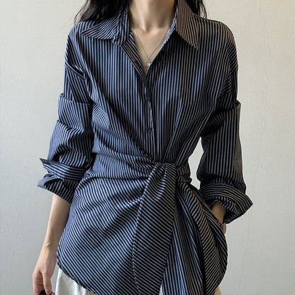 🆕新品上架💖【梨花瑪雅】😍設計感都會女性時尚綁帶條紋百搭顯瘦襯衫(2色)