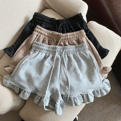 🆕新品上架💖【梨花瑪雅】木耳邊棉質休閒高腰運動寬襬短褲(3色)