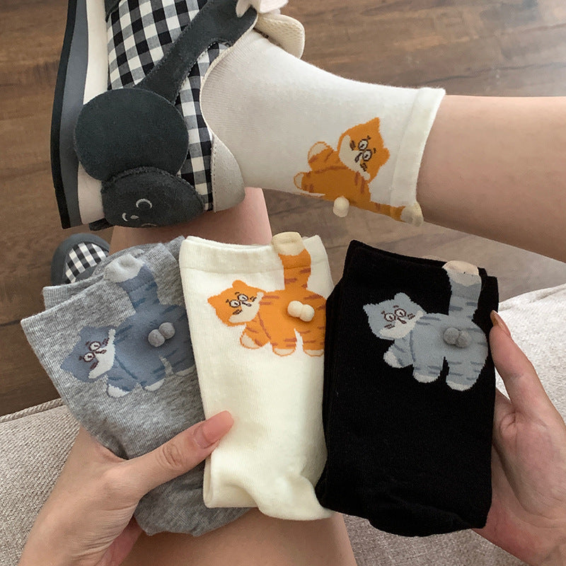 🆕新品上架💖【梨花瑪雅】 😽純棉蛋蛋貓中筒襪可愛ins三雙一組