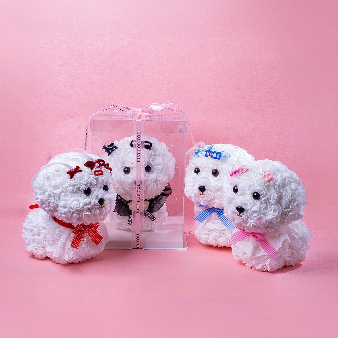 🆕新品上架【梨花瑪雅】🐩🐩爆瘦爆富 好事花生😍手作永生花馬爾濟斯小狗花束暖燈緞帶透明禮盒 閨蜜禮物，情人禮物(製作期約1周)