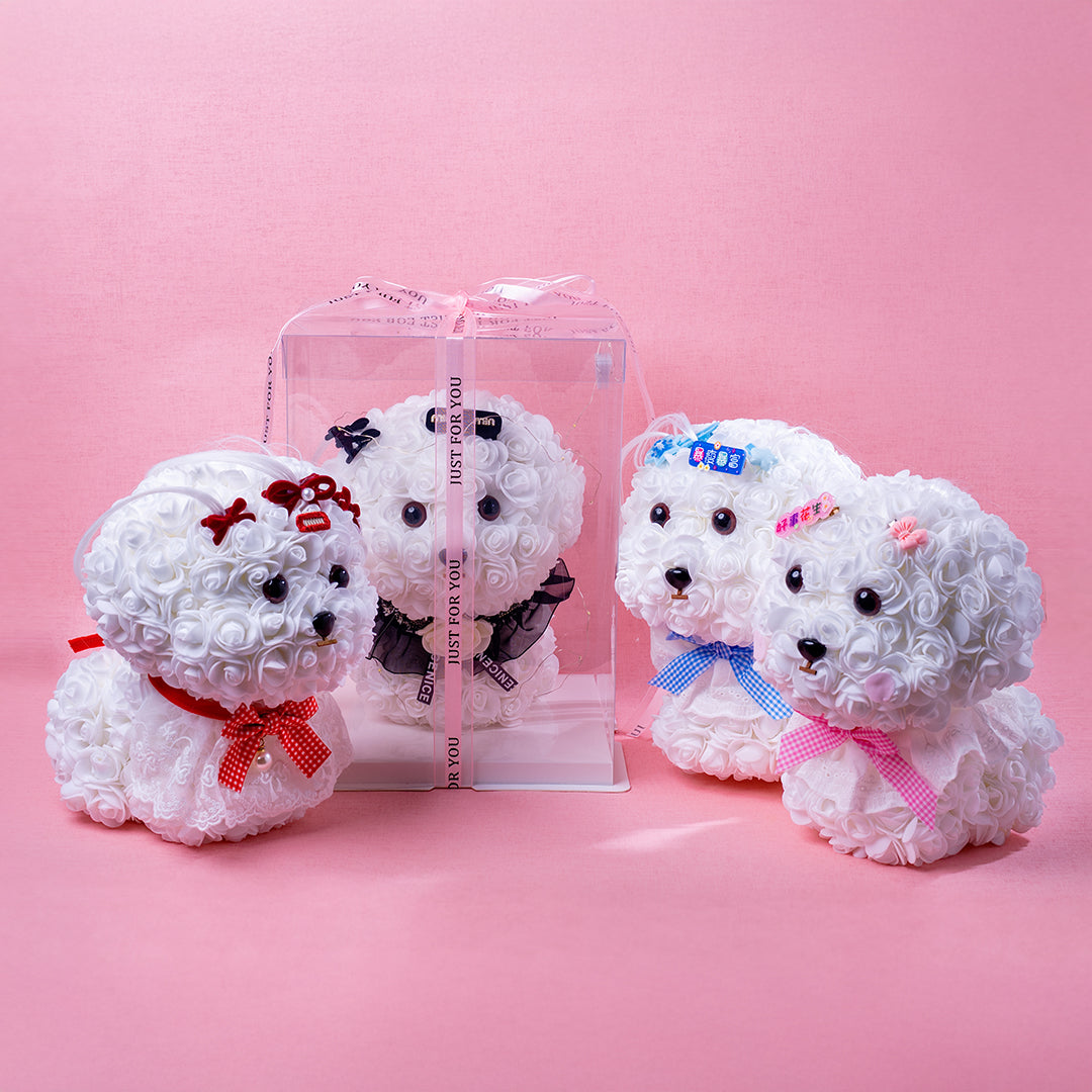 🆕新品上架【梨花瑪雅】🐩🐩爆瘦爆富 好事花生😍手作永生花馬爾濟斯小狗花束暖燈緞帶透明禮盒 閨蜜禮物，情人禮物(製作期約1周)
