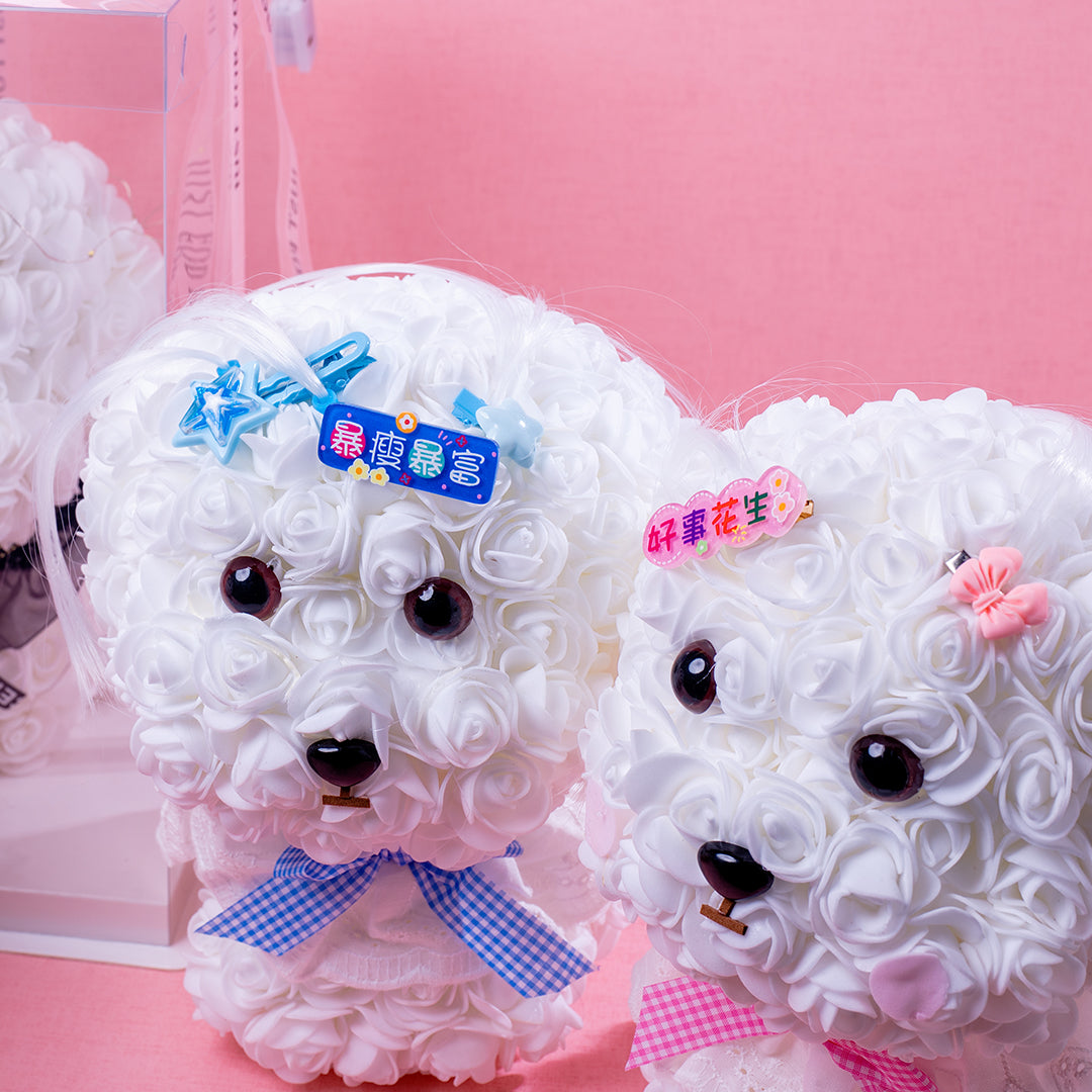 🆕新品上架【梨花瑪雅】🐩🐩爆瘦爆富 好事花生😍手作永生花馬爾濟斯小狗花束暖燈緞帶透明禮盒 閨蜜禮物，情人禮物(製作期約1周)
