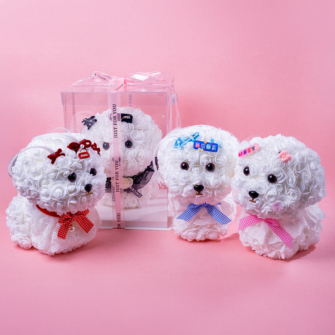 🆕新品上架【梨花瑪雅】🐩🐩爆瘦爆富 好事花生😍手作永生花馬爾濟斯小狗花束暖燈緞帶透明禮盒 閨蜜禮物，情人禮物(製作期約1周)