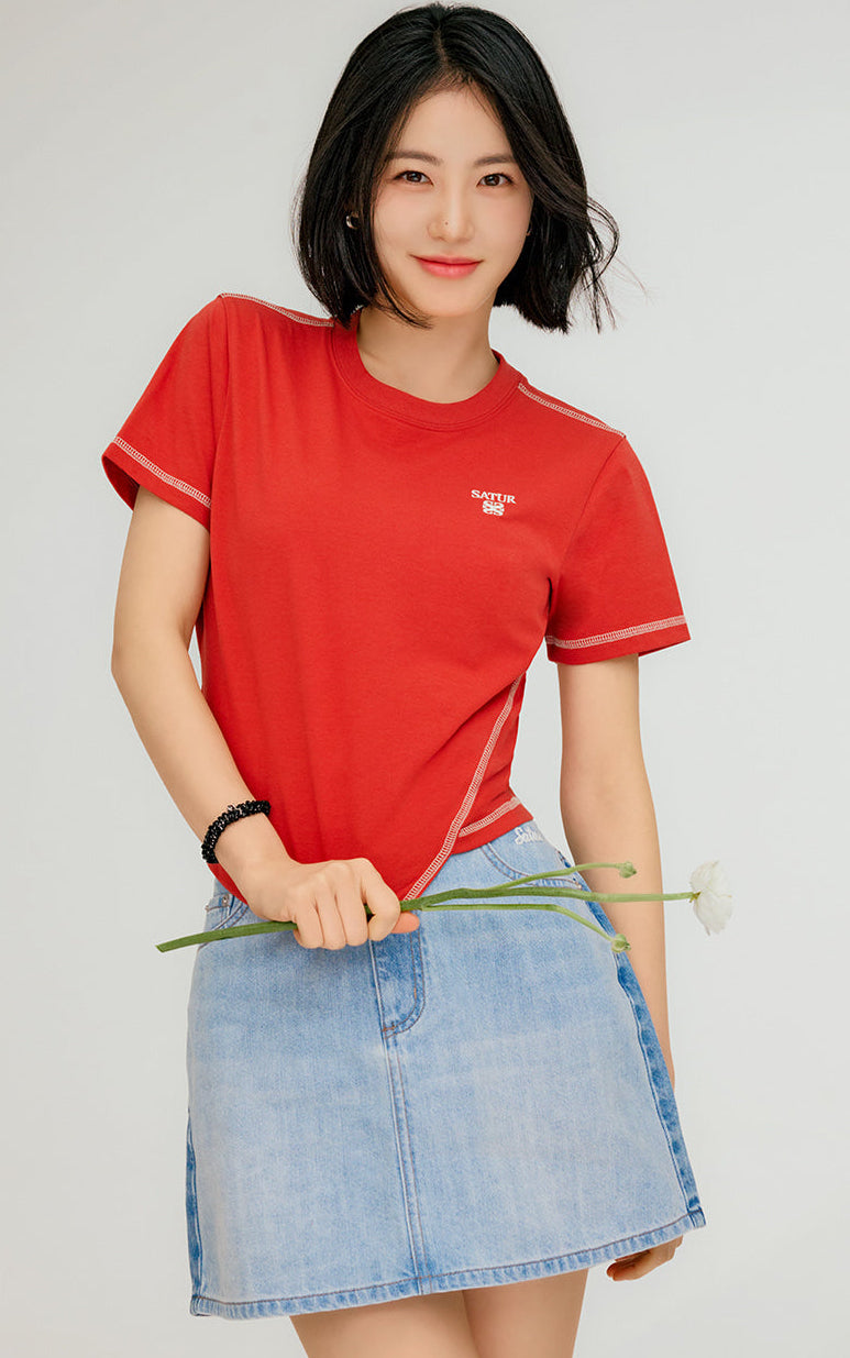 🆕新品上架【梨花娘】💖韓國品牌SATUR【申藝恩推薦】撞色對比視覺顯瘦 A 字顯瘦牛仔短裙(3色)