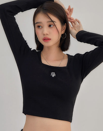 💖韓國暢銷品牌MUAHMUAH 經典款短版百搭棉質精緻刺繡品牌薄長袖T恤(5色)