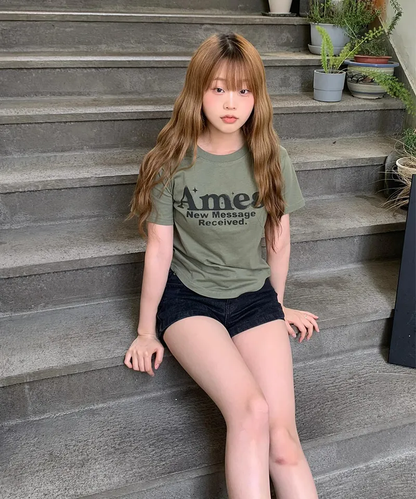 💖韓國暢銷品牌AMES-WORLDWIDE🆕新品上架 美式復古修身圓弧下擺短版 T-shirt(5色)