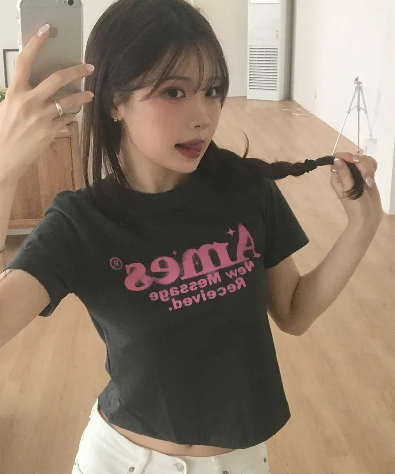💖韓國暢銷品牌AMES-WORLDWIDE🆕新品上架 美式復古修身圓弧下擺短版 T-shirt(5色)
