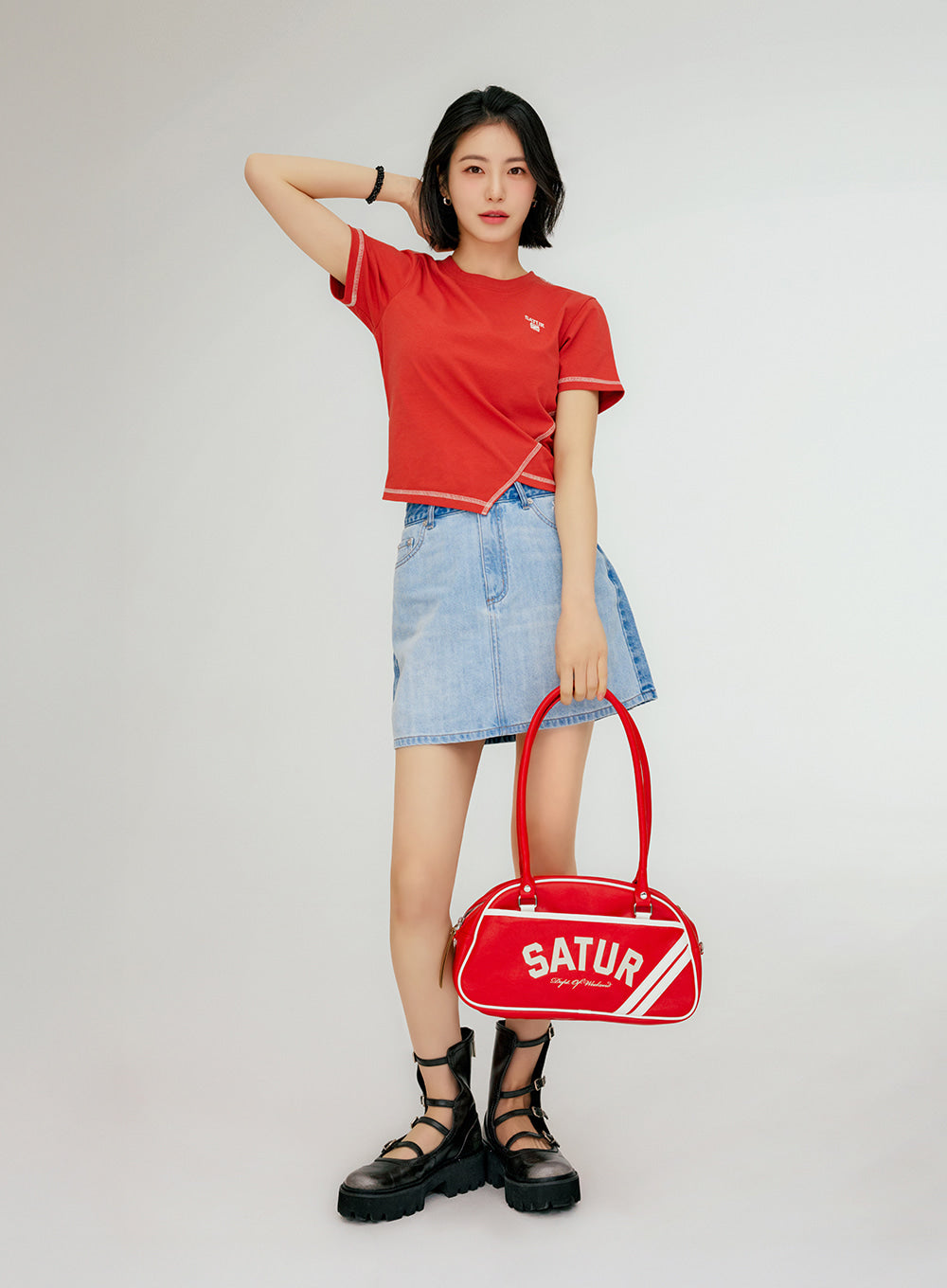 🆕新品上架【梨花娘】💖韓國品牌SATUR【申藝恩推薦】撞色對比視覺顯瘦 A 字顯瘦牛仔短裙(3色)