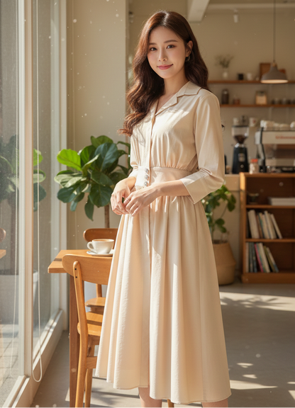 💖新品上架【梨花瑪雅】韓國設計自訂款氣質優雅韓風氣質珍珠釦襯衫垂墜美感傘裙長洋裝