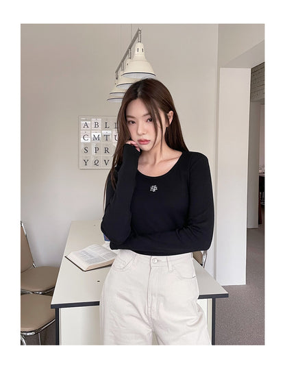 韓國暢銷品牌MUAHMUAH  刺繡logoU領合身經典百搭長袖T恤 (5色)