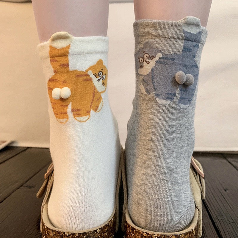 🆕新品上架💖【梨花瑪雅】 😽純棉蛋蛋貓中筒襪可愛ins三雙一組