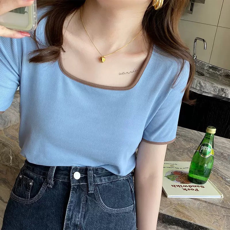 🆕新品上架【梨花瑪雅】💖選品實拍撞色方領顯瘦高彈力螺紋百搭上衣(4色)