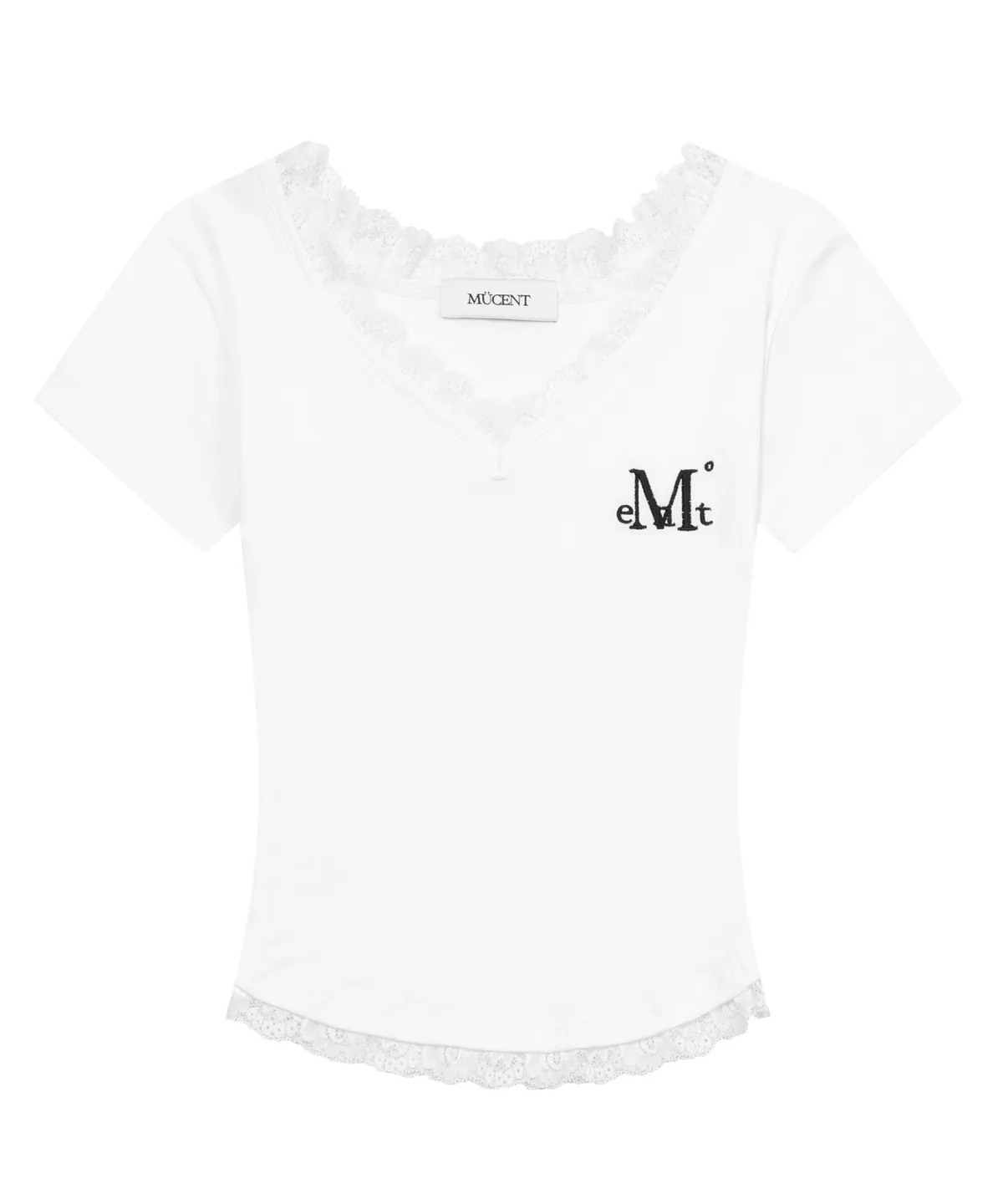 🆕新品上架 💖韓國暢銷品牌MÜCENT V領蕾絲刺繡LOGO修身圓弧下擺短版 T-shirt(3色)