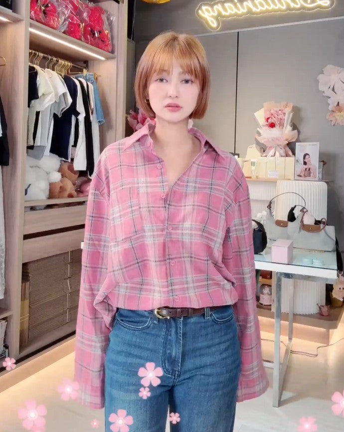 🆕新品上架【梨花瑪雅】🍂早秋新款慵懶氛圍感韓劇小姐姐粉色格紋撞色襯衫🤞