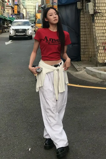 💖韓國暢銷品牌AMES-WORLDWIDE🆕新品上架 美式復古修身圓弧下擺短版 T-shirt(5色)